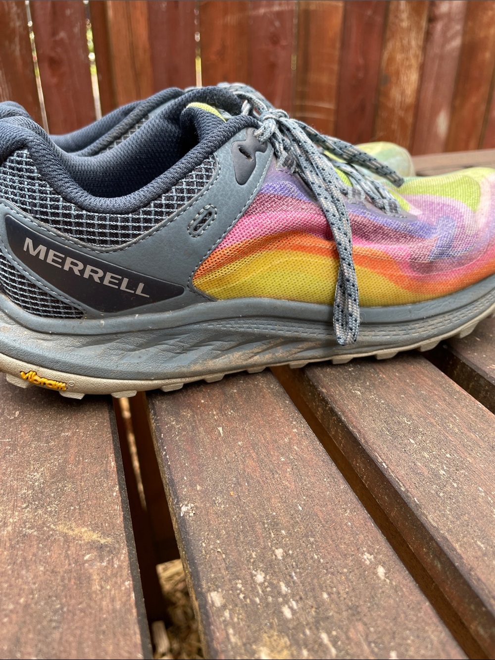 Rainbow Merrell running shoes with Vibram soles